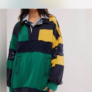 SOLD!!!! Free People Green, Navy & Mustard Lace-Trim Rugby Pullover
